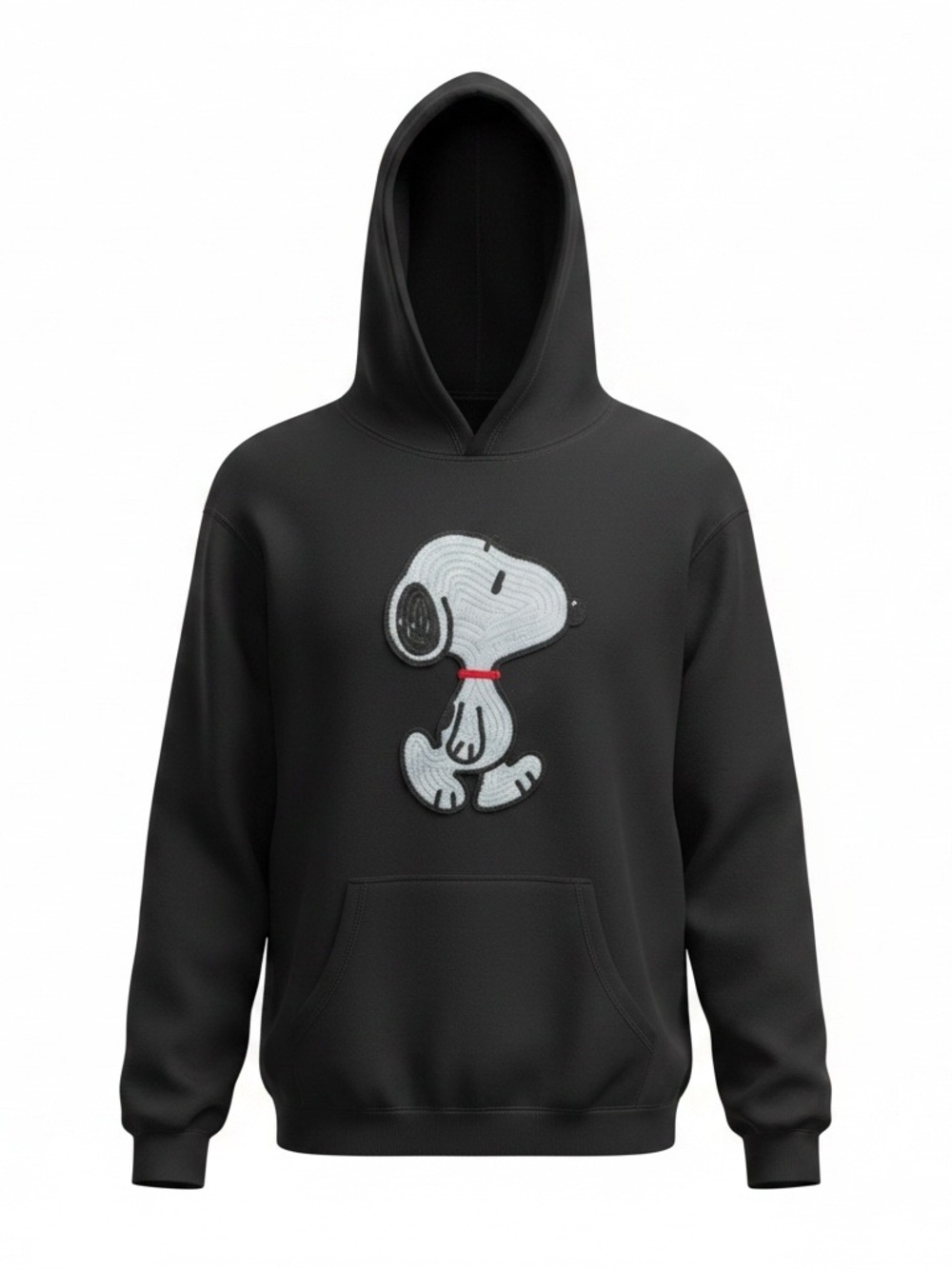 Peanuts Black Hoodie with Snoopy Patch and Red Collar Detail